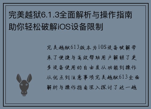 完美越狱6.1.3全面解析与操作指南 助你轻松破解iOS设备限制
